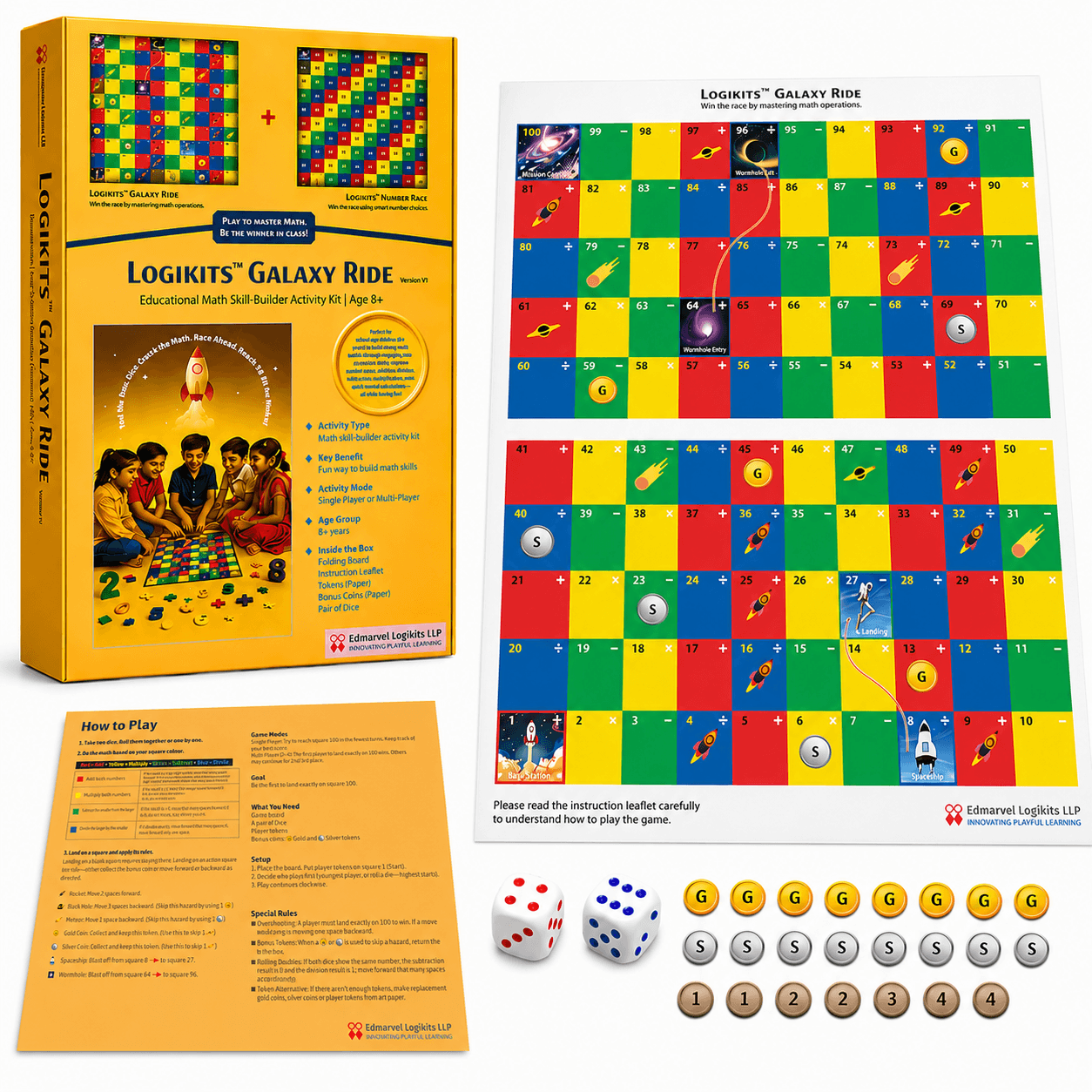 LOGIKITS Galaxy Ride box, dual-sided board, dice and tokens