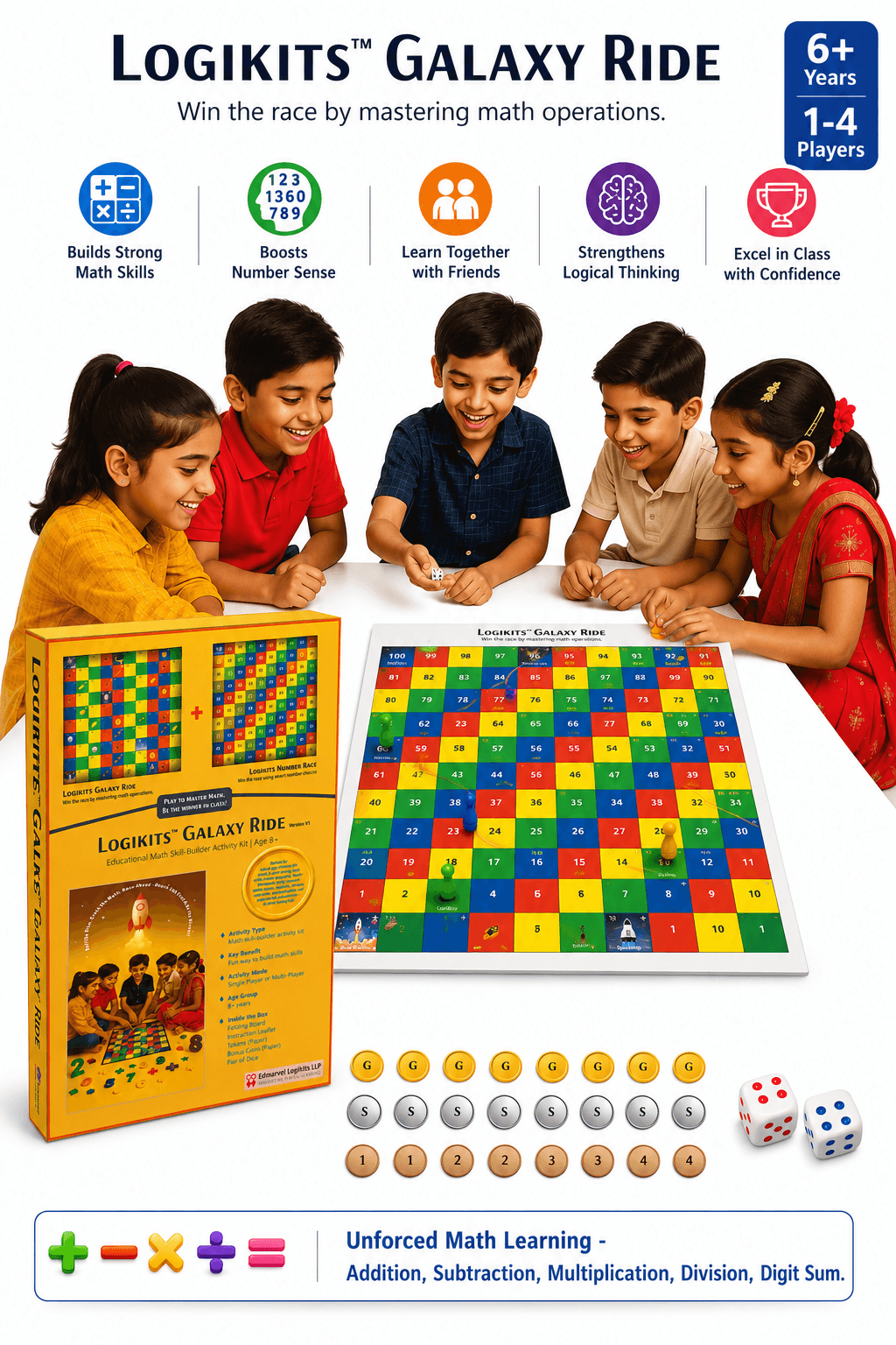LOGIKITS Galaxy Ride complete kit — box, board, dice and tokens with kids playing